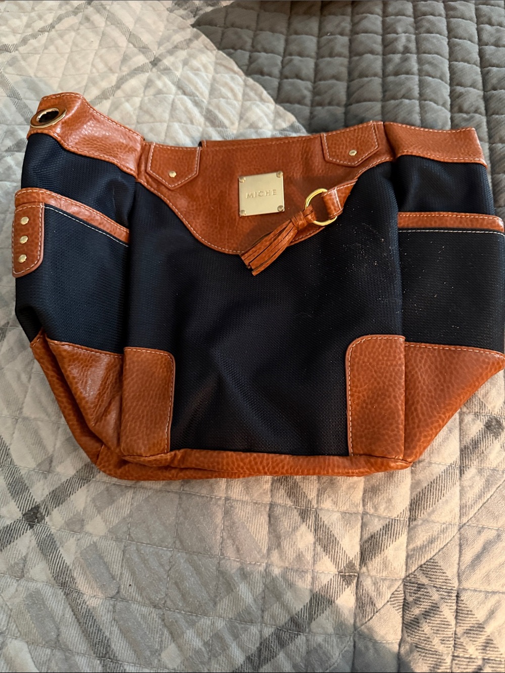 Miche Black Canvas Messenger Bag with Brown Leather Trim